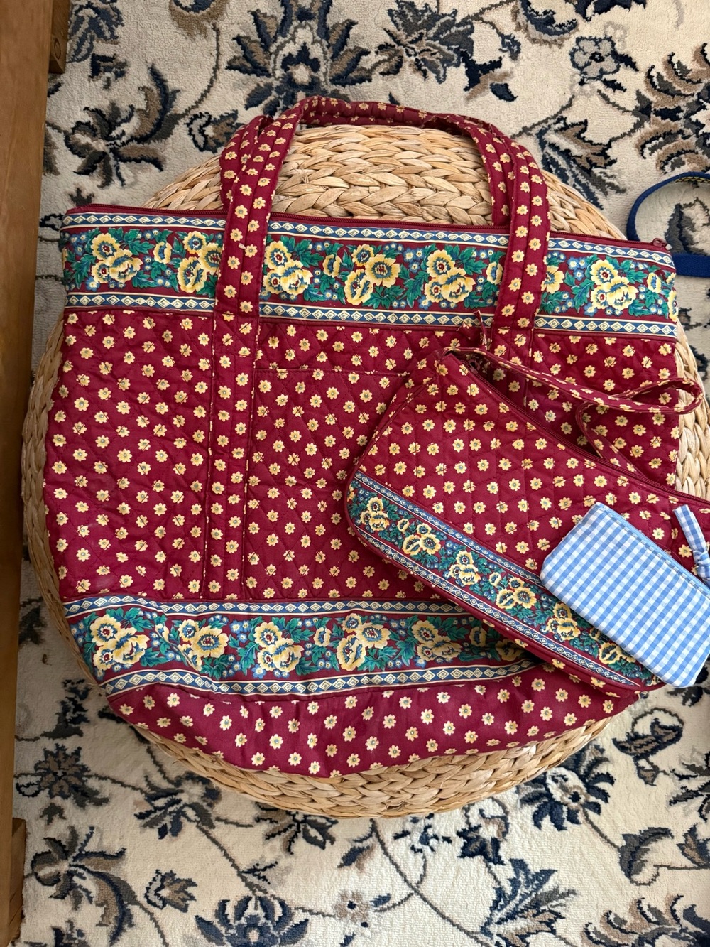 Quilted Red Floral Tote Bag with Matching Pouch (3 piece)